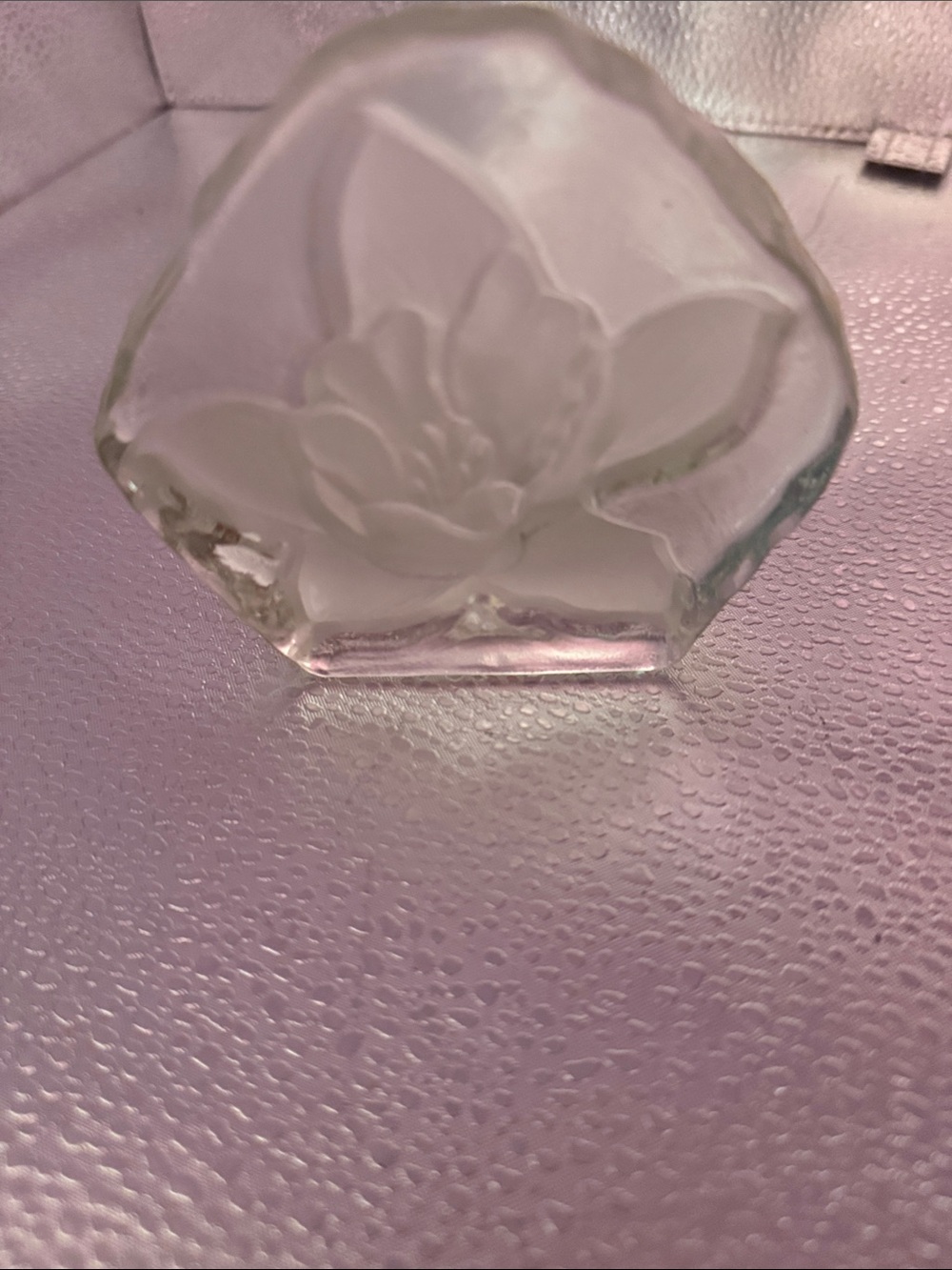 Vintage Clear Frosted Glass and Recessed Flower Paperweight